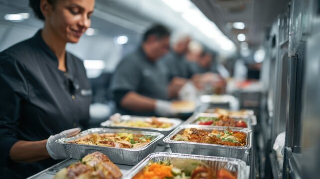 Medium shot of airline catering staff organizing meal carts in the galley sharp focus on meal packaging with blurred cabin interior around.