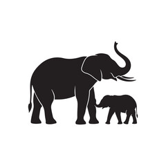 Fototapeta premium Elephant with baby silhouette vector flat illustration on white background