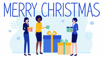 Three women in business attire exchanging christmas gifts with merry christmas text and snowflake accents