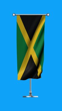 Realistic Standing Vertical  Wavy Flag Banner of JAMAICA on Metallic Pole with Loop Animation