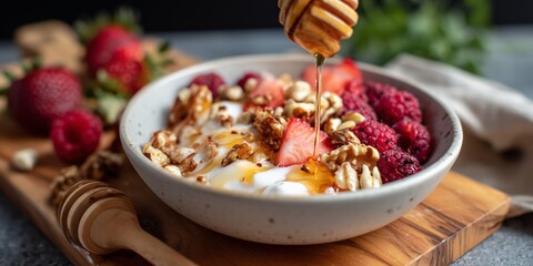 Bowl of yogurt with fresh fruit and honey being poured on top