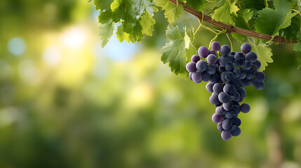 Fototapeta premium Ripe dark grapes hanging on a vine branch with green leaves in soft sunlight, blurred natural background. Perfect for wine, harvest, or organic food concepts. 