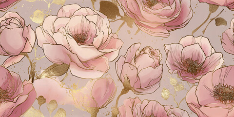 Soft pink rose gold floral pattern with delicate petals and golden accents creating elegant and feminine background full of romantic charm and gentle beauty