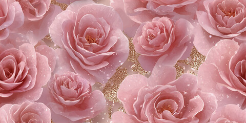 Soft pink rose flower pattern with delicate petals and glittering gold background, creating feminine and elegant floral design full of gentle beauty and charm