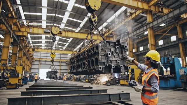 Factory worker safety helmet and reflective vest guiding and operating overhead crane remote while controlling lifting of heavy engine block and metal casting inside spacious industrial factory