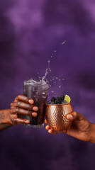 clink of glasses, two glasses of soft drinks in hands against a purple background, a vertical poster with copy space advertising drinks at a beach bar, resort vacations, and Valentine's Day travel