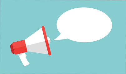 Red and white megaphone with empty white speech bubble on teal background announcement communication