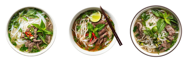 Delicious Vietnamese Pho with Fresh Herbs and Noodles in Bowl Isolated on Transparent Background