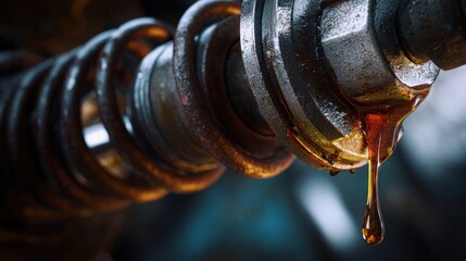 Leaking oil on a car shock absorber, greasy fluid texture, mechanical detail, car lift background, sharp focus