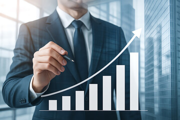 Hand of businessman drawing holographic bar chart rising upward representing progress success achievement and company financial strength