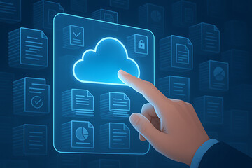 Human hand accessing digital cloud computing storage technology with holographic glowing documents and futuristic data management interface
