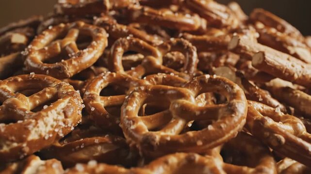 Pile of salted pretzels with crunchy texture and delicious flavor