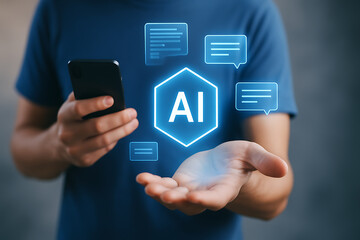 Man using smartphone with floating AI chat interface representing artificial intelligence digital communication and virtual assistant technology