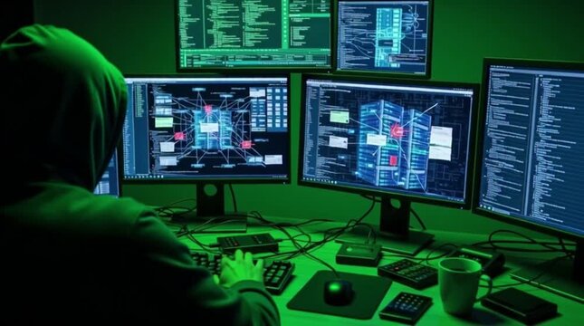 Rear view of hooded anonymous scammer hacker at table with green screen chromakey multiple display, during an attack on credit cards big data servers on the network