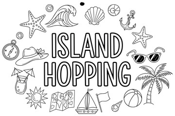 Fototapeta premium Island hopping themed doodle art with tropical elements and sea icons