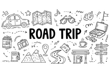 Doodle road trip icons with car, map, and travel essentials