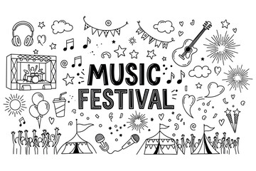 Black and white doodle art of a music festival scene with energetic crowds and musical elements