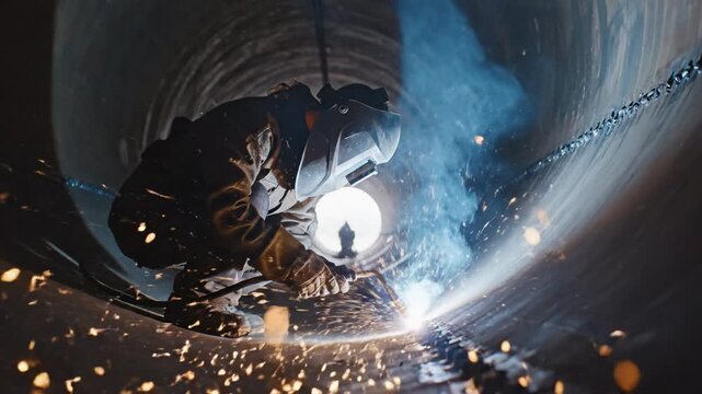 Welder welding sparks inside large metal pipe with bright arc light and flying sparks as worker in protective helmet and protective clothing creates dramatic industrial construction scene