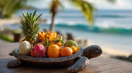 Hawaiian turtle-shaped bowl full of tropical fruits, Hawaii, traditional food, pineapples, bananas, orange, grapes, sea in the background, ocean, beach, cafe