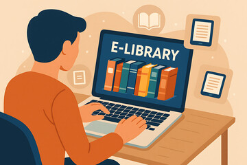 Student using laptop to access e library with digital books representing education research resources for academic learning and online knowledge base
