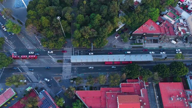 Drone footage showing Insurgentes Sur corridor and Metrobus station in CDMX