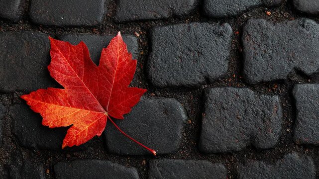 Autumn leaf falling on cobblestone street