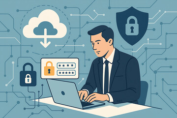 Worker on laptop protecting sensitive online accounts with lock icons privacy shield and encrypted internet security interface