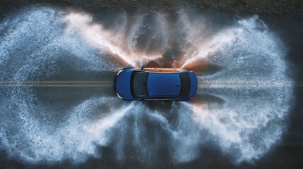 Top down view of a car driving through a puddle on a flat road, perfect water ripples, symmetrical splash, high speed photography