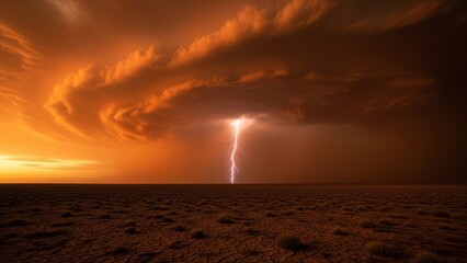 Dramatic lightning bolt strikes during intense desert thunderstorm with swirling orange storm clouds over arid cracked earth landscape at sunset