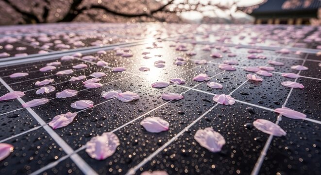 Delicate pink cherry blossom petals scattered on wet dark tile surface with water droplets and bright sunlight reflection creating bokeh effect - Powered by Adobe