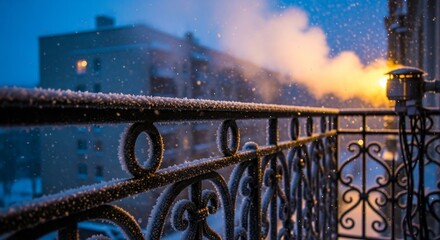 Frost covered ornate wrought iron balcony railing with decorative scrollwork during heavy snowfall at winter twilight with warm golden street lights illuminating snowy urban evening scene