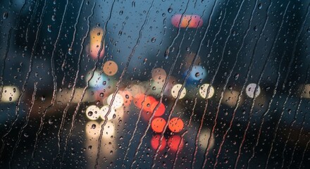 Heavy rainfall water droplets streaming down glass window with blurred colorful city lights bokeh background during evening storm