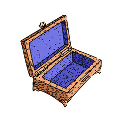 Empty wooden jewelry box with open lid and soft purple lining on white background, evoking storage, keepsake absence, treasure lost or waiting to be found