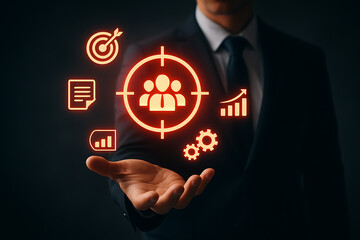 Business professional using holographic target icon for precision customer segmentation marketing strategy analytics and focused growth planning