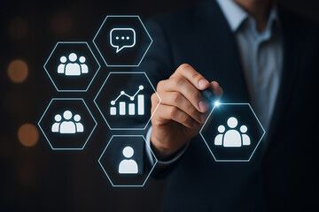 Corporate management system visualization with businessman selecting digital icons for teamwork communication chart analytics and business success process planning