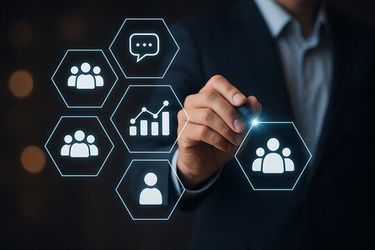 Corporate management system visualization with businessman selecting digital icons for teamwork communication chart analytics and business success process planning - Powered by Adobe