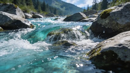 Mountain river: water sparkles, nature breathes freely