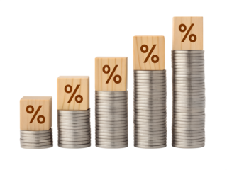 Interest Rate Growth Concept - Rising Coin Stacks on Percentage Wooden Blocks Isolated