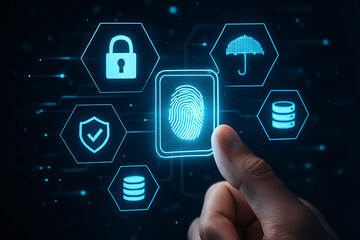 Cybersecurity concept showing hand pressing fingerprint scan icon with virtual verification and protection system