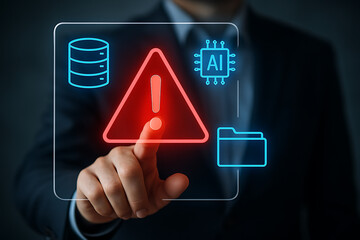 Digital danger alert highlighting AI data security threats and potential system risks in corporate environment