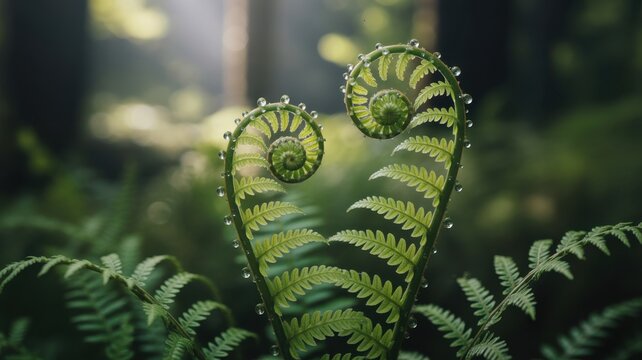 Emerald Heart of the Forest: The intricate unfurling fronds of a fern create a mesmerizing spectacle, bathed in soft sunlight.