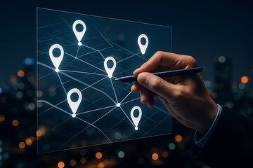 Digital transformation of navigation concept with hand holding pen drawing connected location points in smart city