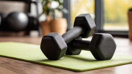 Black dumbbells and a green mat in a fitness center, sports, Pilates, bodyshape, gym, stylish fitness studio, healthy lifestyle, sports equipment, exercise, weights