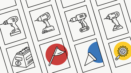 Workshop Tools & Repair Icons: Drills, Batteries, Service & Concept Symbols Grid