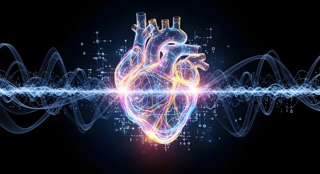 Human heart anatomy with digital pulse. Healthcare technology and medical innovation. Glowing holographic organ displaying vital signs with energy waves