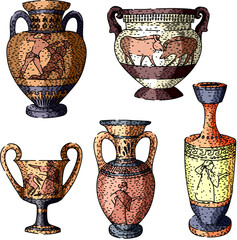 Collection of stylized ancient greek amphorae, kraters, and cups, featuring hand drawn motifs depicting mythological scenes, animal figures, and geometric patterns, illustrating classical pottery © PikePicture