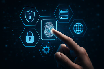 Finger scanning identity with glowing fingerprint symbol and secured digital protection icons for online access