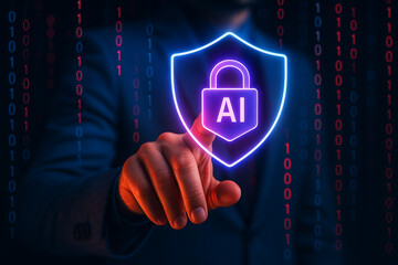 Futuristic AI security protection concept with glowing digital shield and lock symbol innovation in cybersecurity technology illustration