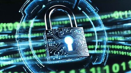 Digital padlock with binary code background animation - Powered by Adobe