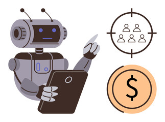 Robot interacting with tablet, depicting focus on audience segmentation, profit, and cost optimization. Ideal for AI, technology, marketing, automation economics digital tools robotics. Simple